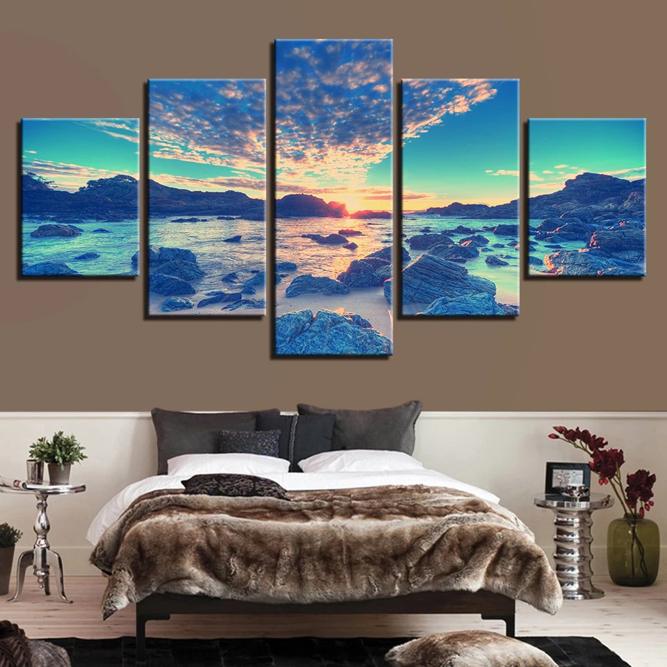 

Canvas Wall Art Pictures Frame Print 5 Piece Beach Wave Reef Stones Painting Sunrise Sky Clouds Seascape Living Room Home Decor