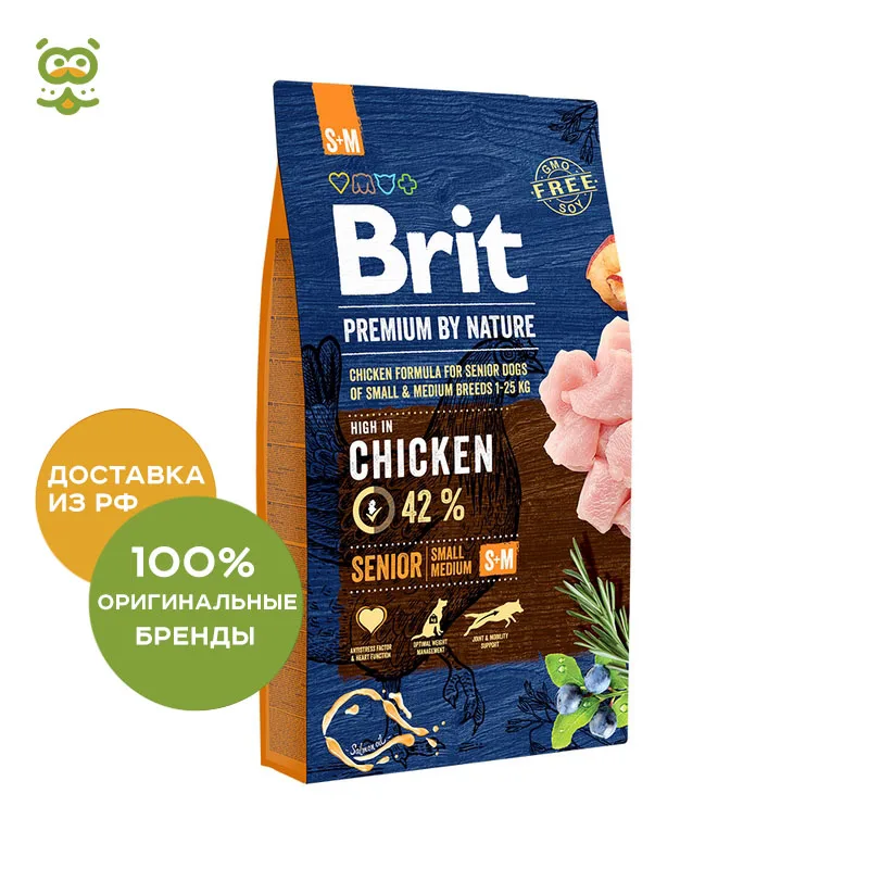 Корм Brit Premium by Nature Senior S+M для собак мелких и средних пород старше 7 лет, Курица, 8 кг