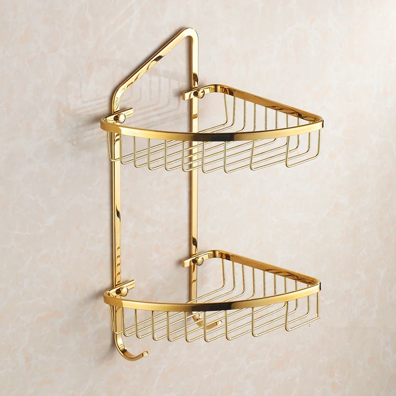 

Роскошная угловая полка с крючком для полотенец, 2 уровня, яркий душ, полированный золотой цвет, отлично подходит для ванной и кухни, Органайзер