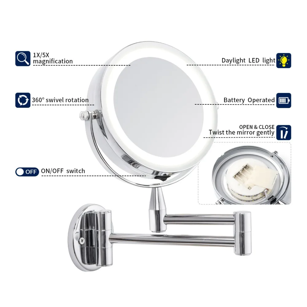 ANHO حمام Led مرآة 6 بوصة 1X/5X التكبير الحائط قابل للتعديل مرآة لوضع مساحيق التجميل المزدوج الذراع تمديد 2-الوجه مرآة لمستحضرات التجميل