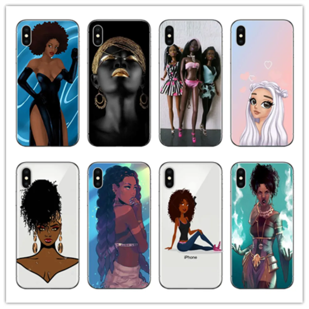 

Afro Girls Soft Silicone Phone Cover Fashion girl Case For iPhone 7 5S SE6S 6SPlus 7Plus X 8 8Plus Black Women art Cases