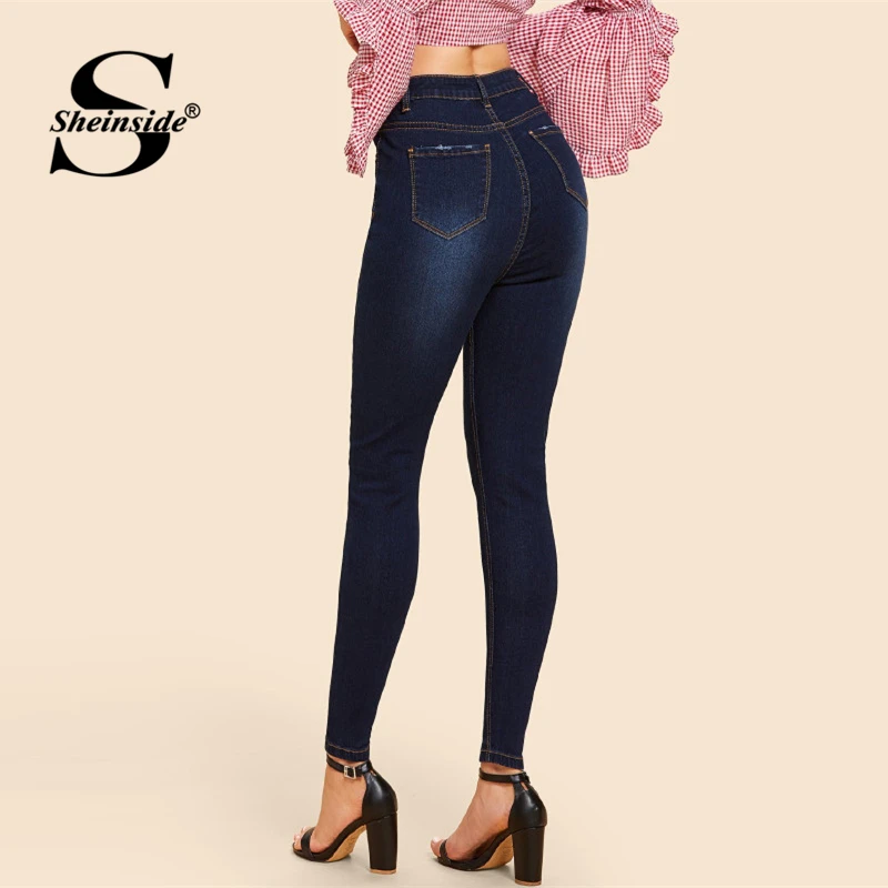 Sheinside, темно-синие женские джинсы со средней талией, темные, с эффектом стирки, на пуговицах, узкие брюки-карандаш, женские Стрейчевые брюки на пуговицах,, повседневные джинсы