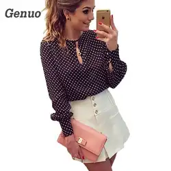 Genuo Для женщин блузка рубашка в горошек шифоновый топ с длинным рукавом пикантные открытые Повседневная рубашка плюс Размеры Для женщин
