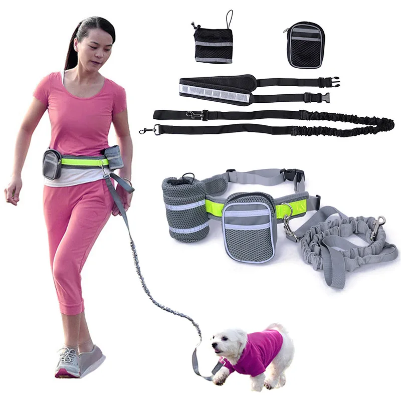Elastic Nylon Belt Dog Harness Running Dog Leash Padded Waist with Reflective Strip + Zipper Bag