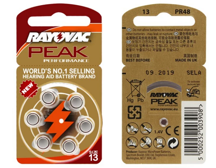 60 PCS Rayovac PEAK High Performance Hearing Aid Batteries. Zinc Air 312/A312/PR41 Battery for siemens BTE/RIC Hearing aids.
