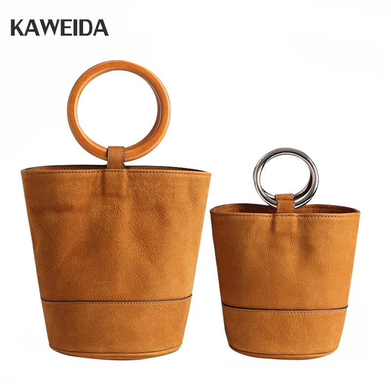 

Retro Suede Cow Leather Bucket Bags Metal Wristlets Ring Handbags Women Genuine Leather Vintage Wooden Bracelet Bucket Tote Bag