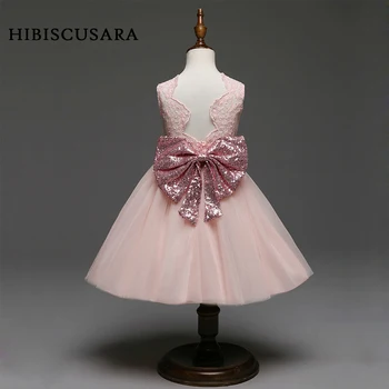 

2-6T Sequin Flower Girl Dress Party Birthday Wedding Princess Dresses Toddler Kids Halter Dress Gown Big Bow Children Clothes