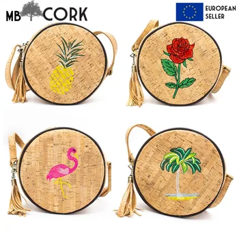 

Natural cork Round Bag, Embroidered flamingo rose pineapple coconut tree Circle Bag Circle Crossbody Bag Shoulder Bag BAG-405
