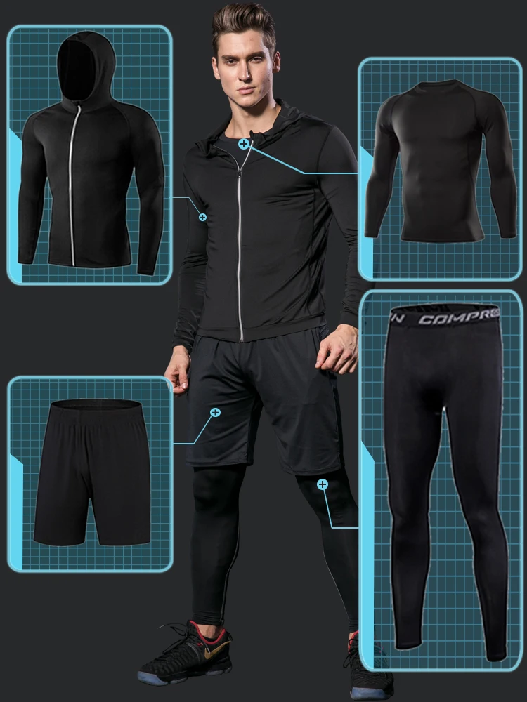 

Men Sports Suit Mens Compression Running Sets Tights Man Fitness Shirt Shorts Set Workout Tracksuits Gym Sportswear Suits Black