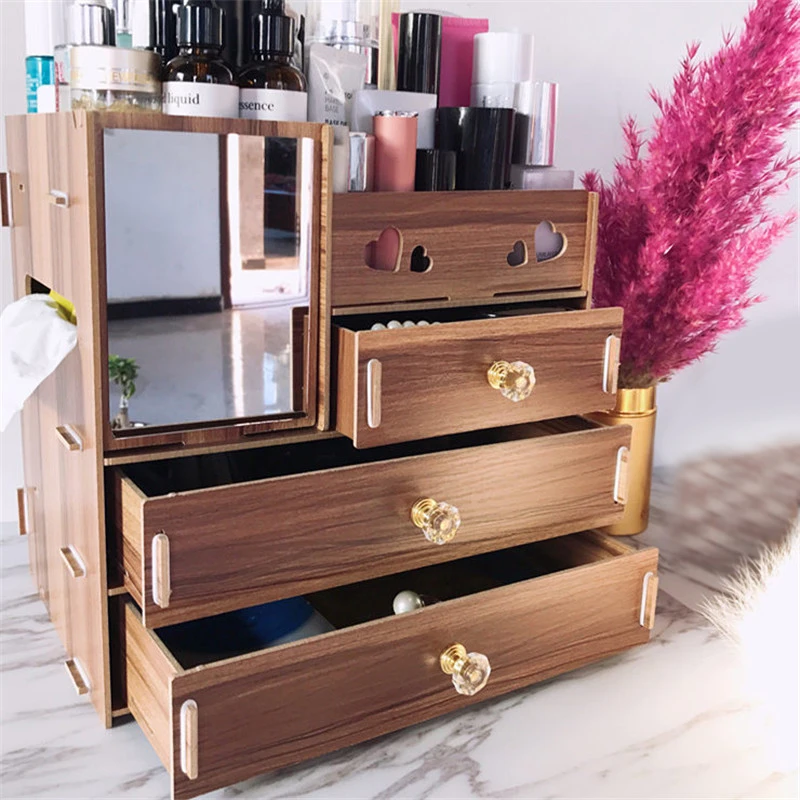  8 Colors Makeup Organizer Wooden Cosmetic Storage Box with Mirror Drawer for Beauty Girls Woman Hom