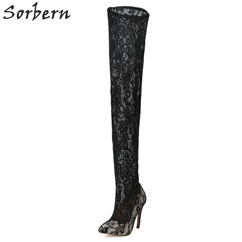 

Sorbern Black Lace Women Boots Over Knee Length Boots Spike Heels Pointed Toe Plus Size China 34-47 Size Botas Mujer