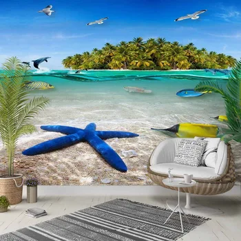 

Else Gren Tree Island Blue Sea Star Fishes 3d Photo Cleanable Fabric Mural Home Decor living Room Bedroom Background Wallpaper