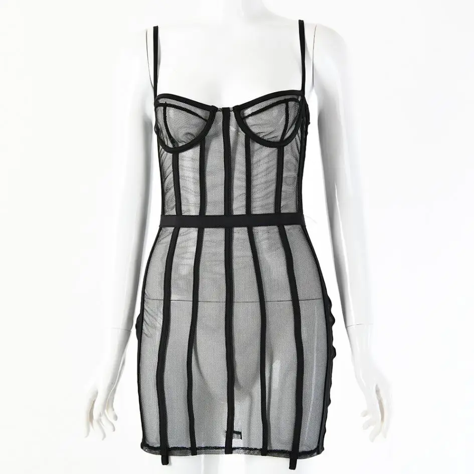 BKLD сексуальные прозрачные сетчатые облегающие Короткие мини-платья на бретельках с открытой спиной летние женские модные вечерние платья - Цвет: black