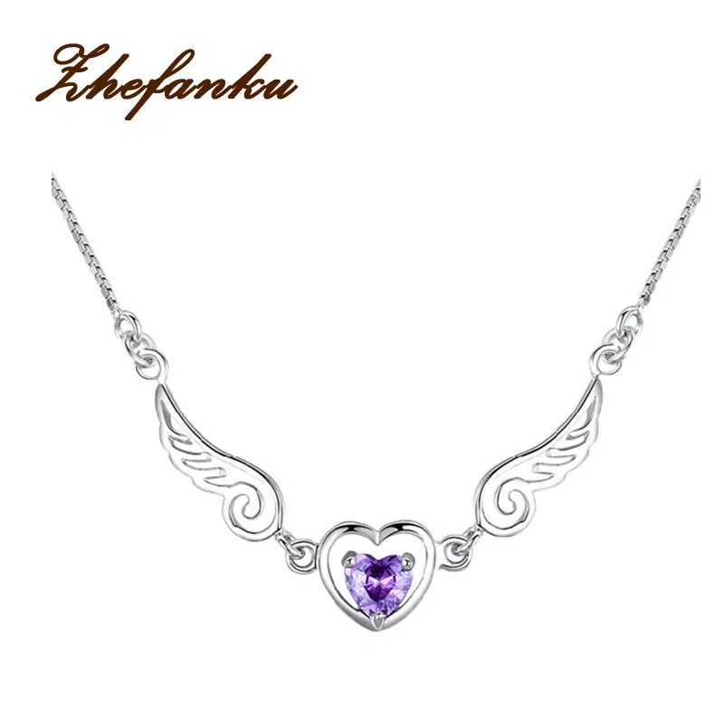 

New Fashion Women Girls Jewelry Silver Plated Zircon Angel Wing Necklace Pendant Crystal Love Heart Chain Necklace Gift