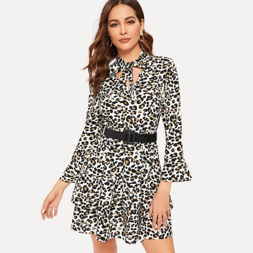 

Short Bodycon party Dress streetwear Leopard Print Bow Hollow Cut Out Dress Mini Casual Sexy club Wrap Dresses sundress vestidos