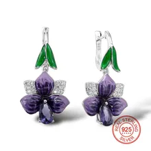 100% 925 Sterling Silver Flower Earrings Women Shiny Small Zircon and Big Purple Enamel Earring for Women Fashion Enamel Jewelry feelgood individuality vintage silver color jewellery exquisite enamel small flower and imitation pearl jewelry sets for women