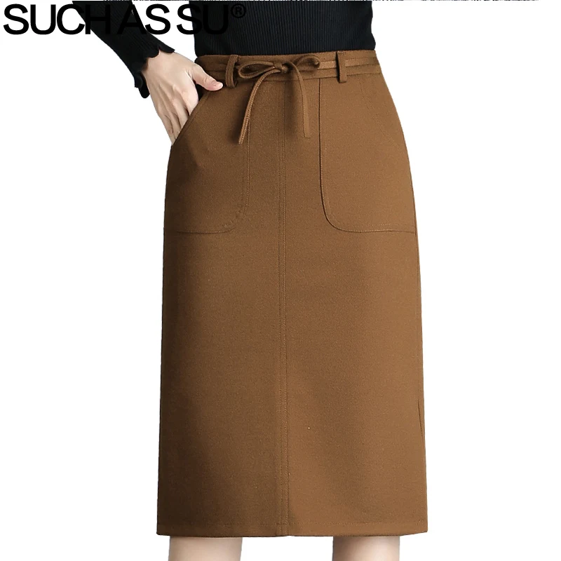 

SUCH AS SU New Pencil Skirts Womens 2017 Autumn Winter Black Brown High Waist Wool Skirt S-3XL Office Lady Work Mid Long Skirts
