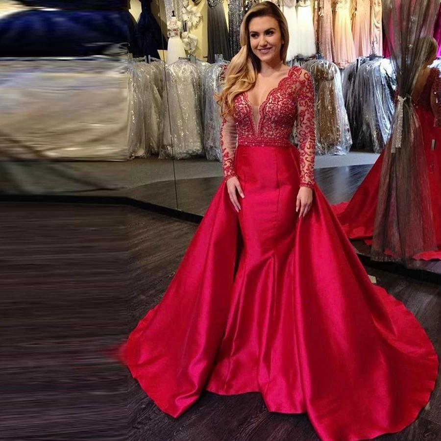 V-hals Lange Mouwen Mermaid Lange Prom Dresses Red Lange Mouwen Kralen Avondjurken met Rok Rood Satijn Baljurken V-hals Lange Mouwen Mermaid Lange Prom Dresses Red Lange Mouwen Kralen Avondjurken met Rok Rood Satijn Baljurken