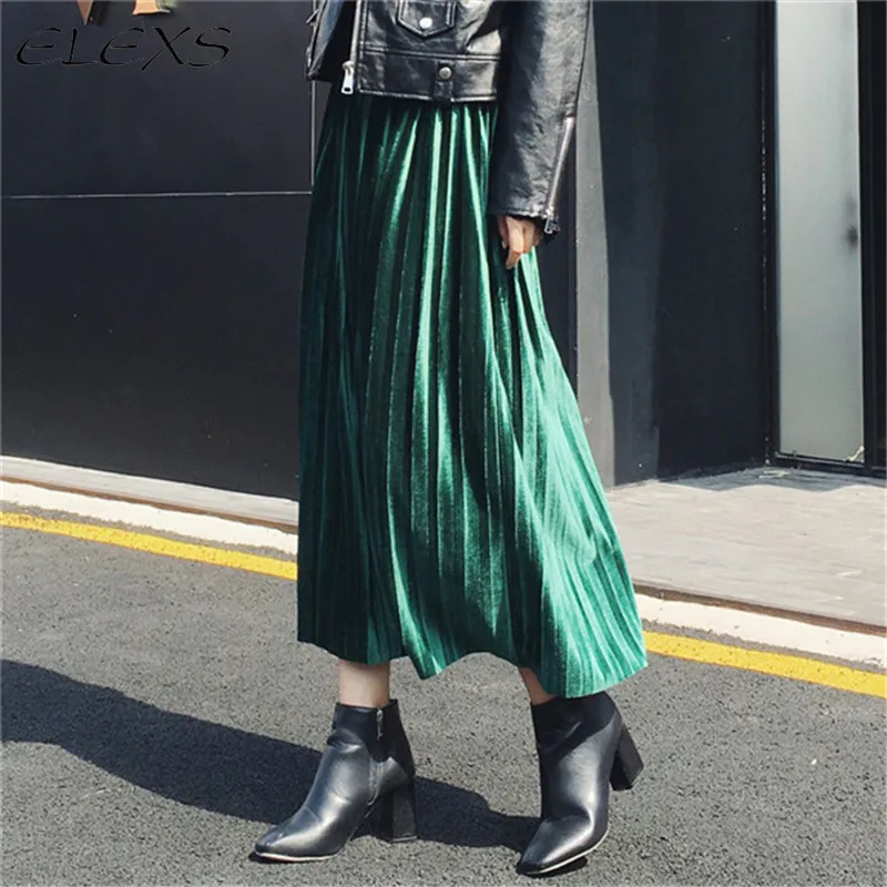 ELEXS длинная бархатная юбка Женская осенне-зимняя плиссированная юбка офисная до середины икры Плотная юбка женский с эластичной талией 1028