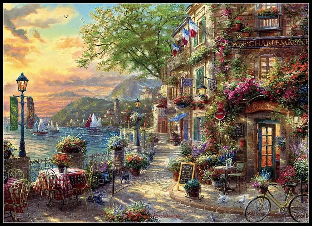 

Counted Cross Stitch Kits Needlework Embroidery - Crafts 14 ct Aida DMC Color DIY Arts Handmade Home Decor - French Riviera Café