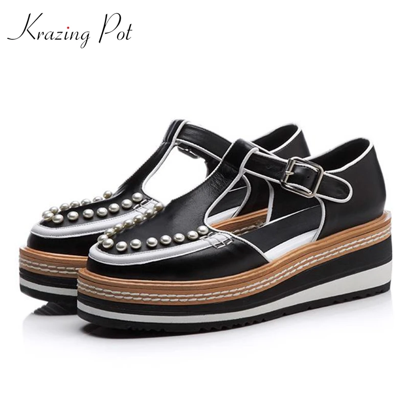 

Krazing Pot new genuine leather shoes women round toe pearl-studded women platform pumps black color wedges increased shoes L3f1