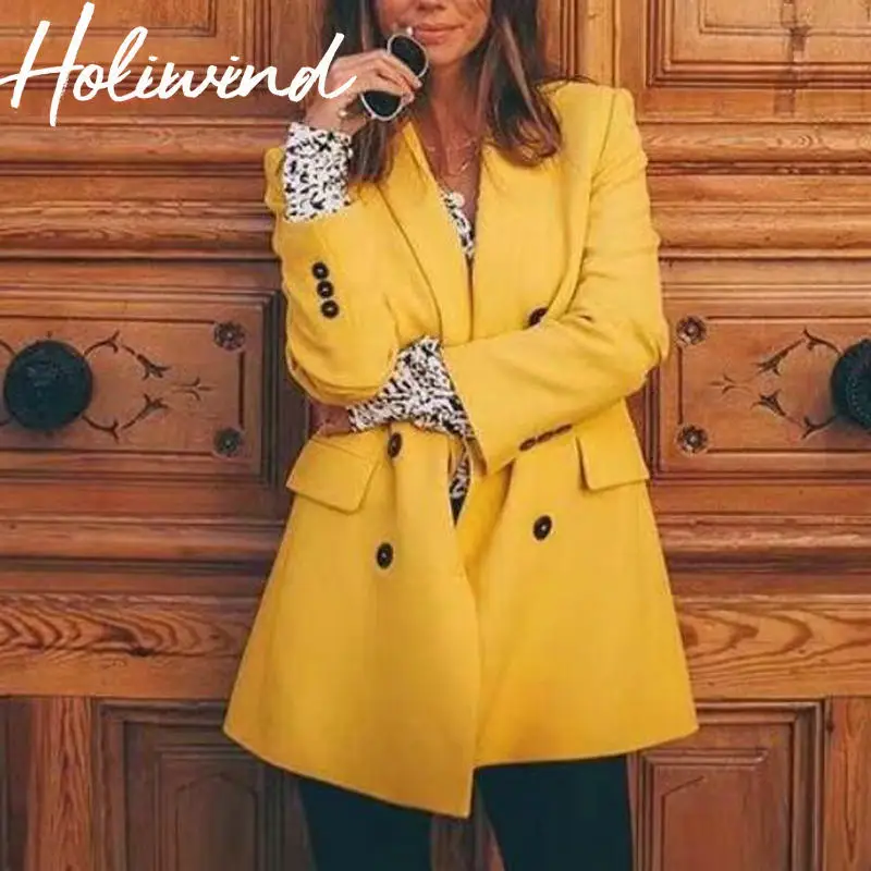 

2019 Spring Autumn Yellow Color Women Blazers Office Lady Working Suits Trendy Women Outfits Double Breasted Blazer Coat