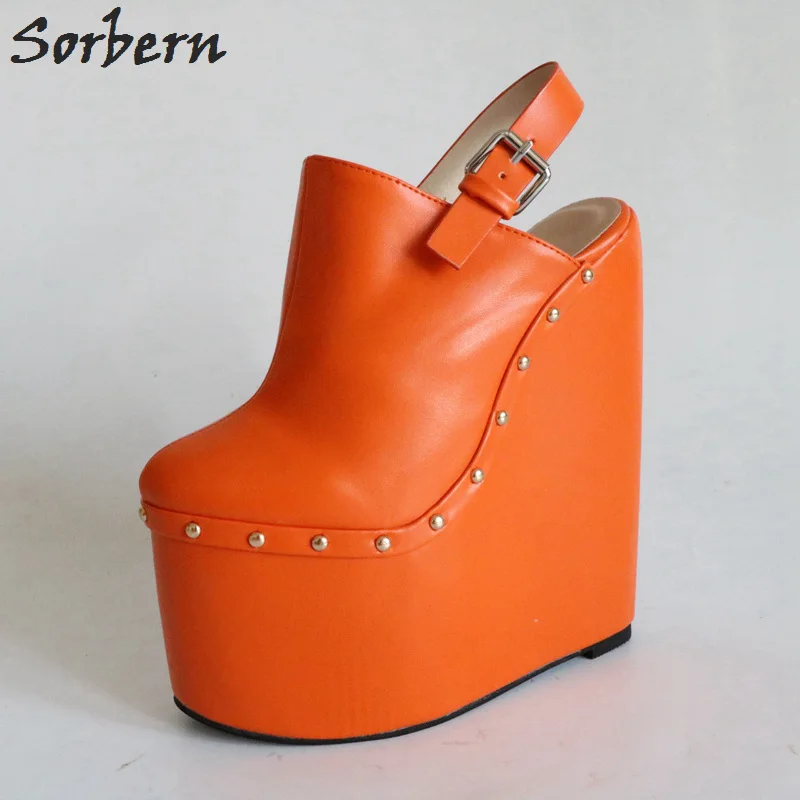 

Sorbern Orange Pointed Toe Slingback Pumps Women Custom Platform Heels Slip On Wedges Female Heels Mules Rivets Ladies Size 46