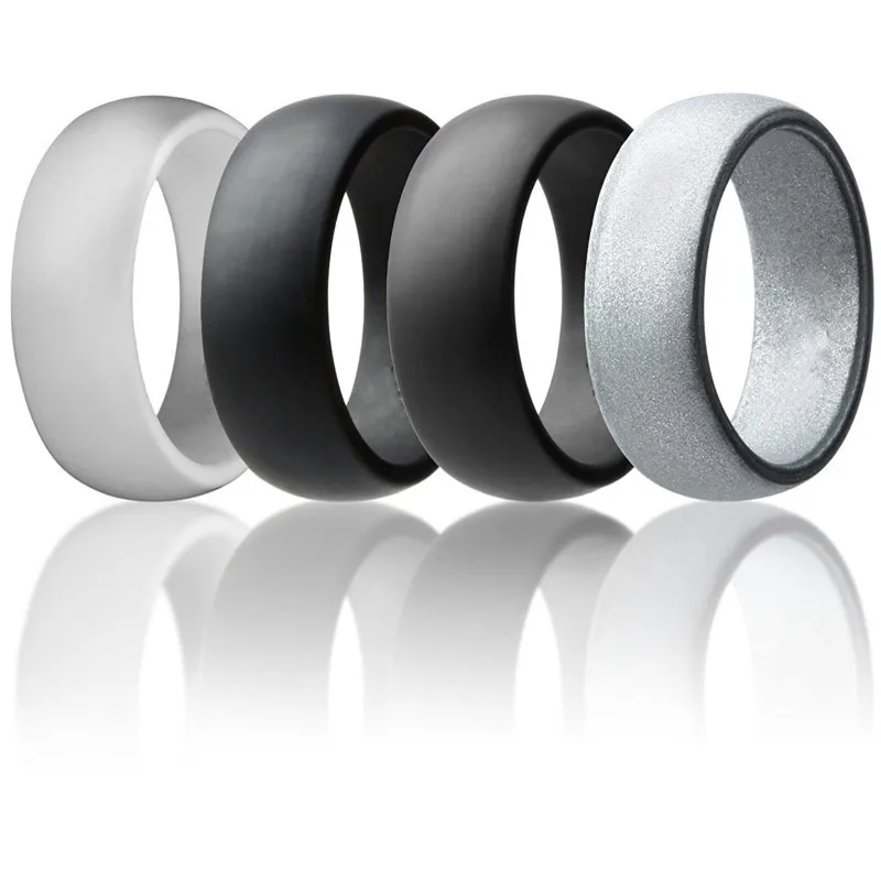 

8Seasons Fashion Men Silicone Casual Sporty Round Rings Glossy Face Unisex Ring Non-Toxic Antibacterial Ring Size 6-12, 4PCs/Lot