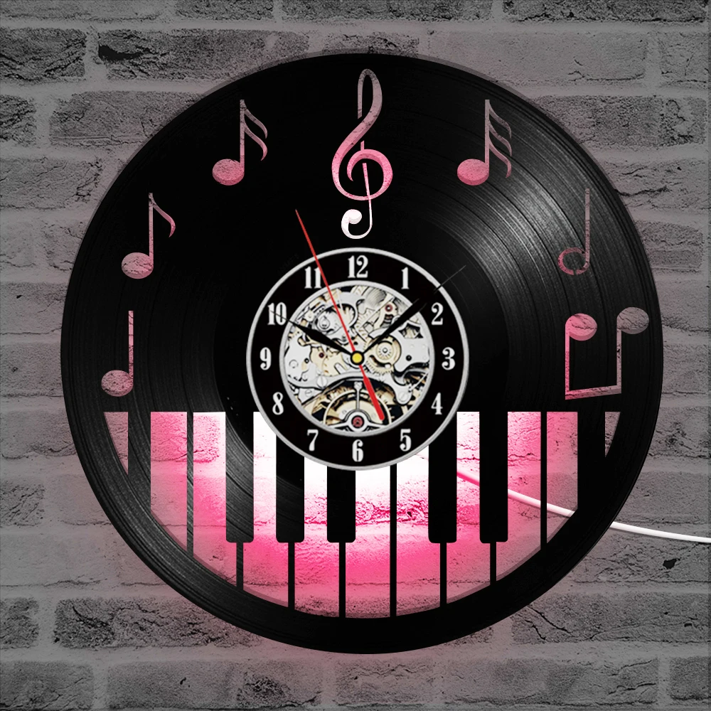 Günstig Hohl Klavier Keybord Vinyl Record Uhr Kreative und Antiken Stil Schwarz Runde LED Wanduhr Musik Klavier Decor Kunst Uhr