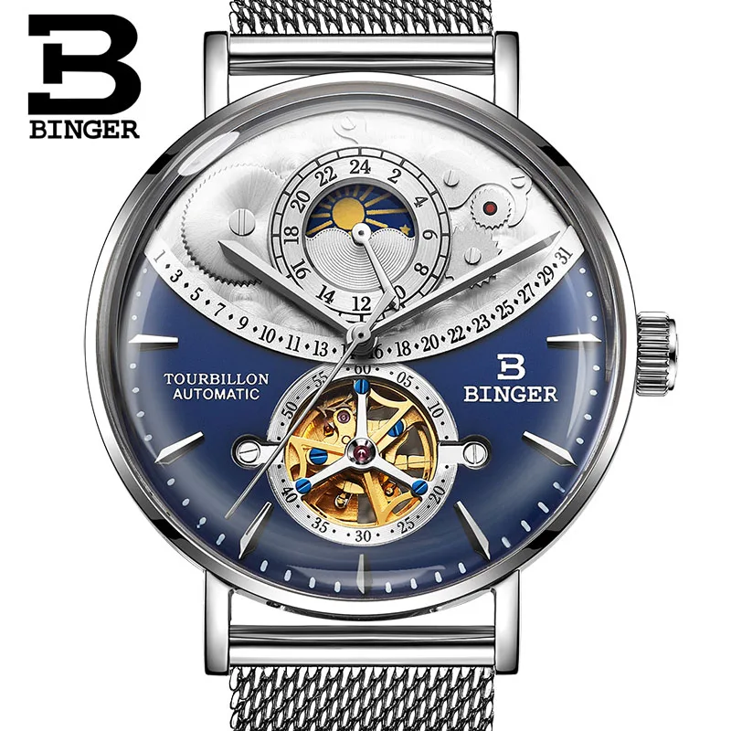 Швейцарские автоматические часы для мужчин Бингер Скелет Механические Мужские часы модный бренд Сапфир Relogio Masculino водонепроницаемые - Цвет: Steel Blue