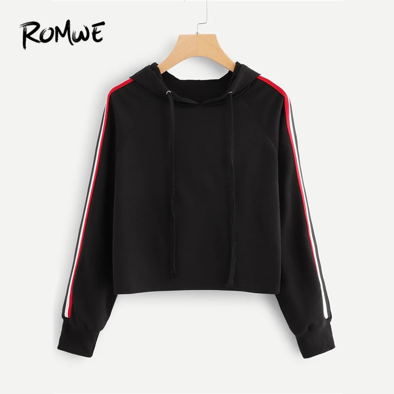 

ROMWE Black Striped Tape Drawstring Hoodie Women Casual Autumn Hooded Long Sleeve Pullovers Spring Ladies Crop Sweatshirt