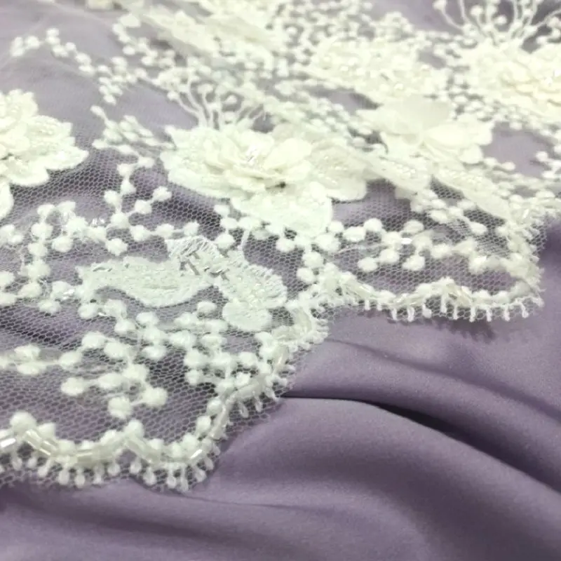 

Camille English white wedding lace with 3D flowers, beads,pearls fabric for wedding and evening dresses,price per one meter MA