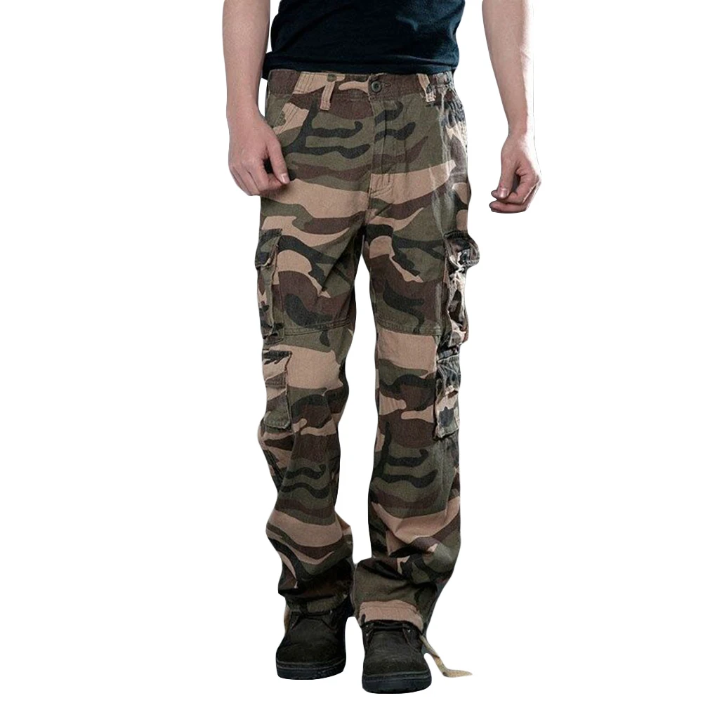 Army Green Men Casual Work Pants Camouflage Baggy Loose Long Trousers Multi Pockets Pants in
