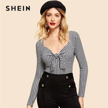 SHEIN Нарядная Блузка В Клетку, Клетчатый Топ С Длинным Рукавом И Глубоким Вырезом И Бантом, Элегантная Блузка С V-Образным Вырезом