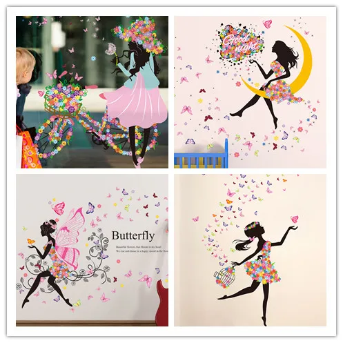  Flower Fairy Girl Wall Sticker Vinyl DIY Butterfly Faery Moon Decals for Kids Room Kindergarten Hom - 1000004812332