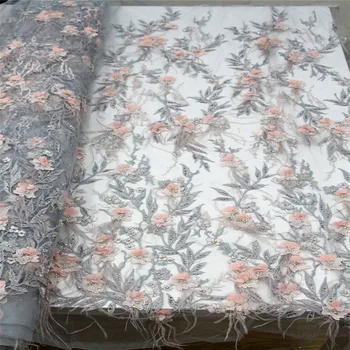 

HFX Newest Silvery Grey Indian Embroidery Feather Lace 3d Flower Tulle Lace Fabric African French Beaded Net Lace Fabric X954-1