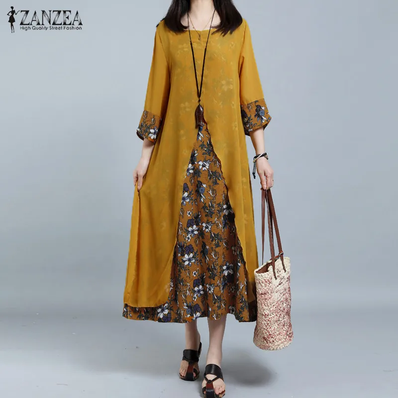 

2019 ZANZEA Womens Retro Floral Print 3/4 Sleeve Loose Casual Party Shirt Dress Long Vestido Summer Beach Sundress Plus Size