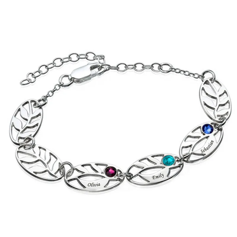 

Mother Leaf Bracelet with Engraving Three Name Personalized Bracelet Birthstones Nameplate Handmade Bracelet Birthday Gift