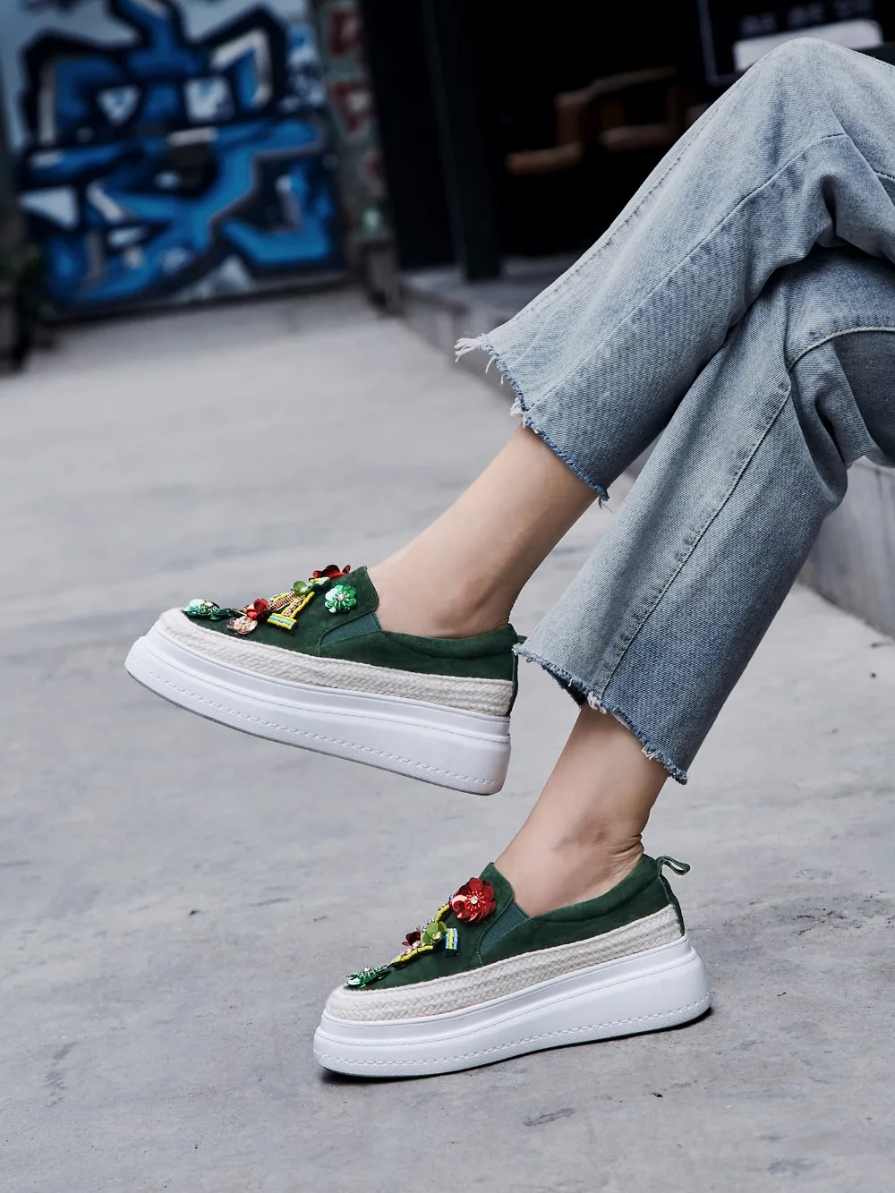 Кроссовки Женские Сникеры на платформе кожаные лоферы Черный Зеленый Bling повседневная обувь для женщин 5,5 см