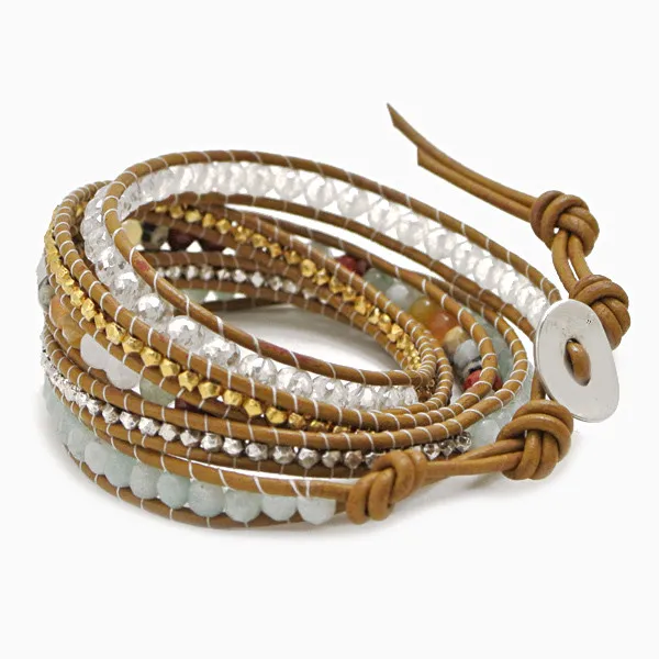 

clear crystal mix amazonite leather bracelet with thin thread
