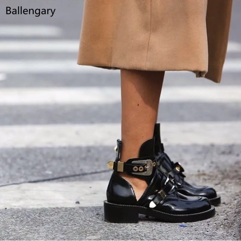 

Round Toe Cool Botines Mujer Metallic Gold Silver Buckles Brand Designer Chunky Heels Spring Summer Booties Ankle Women Shoes