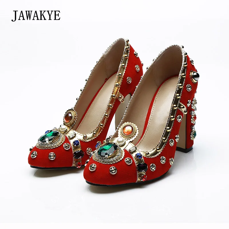 

JAWAKYE Full rhinestones Red High heels Women Pumps Studded Thick high heels Shoes lady Party Wedding Shoes sapatos mulher