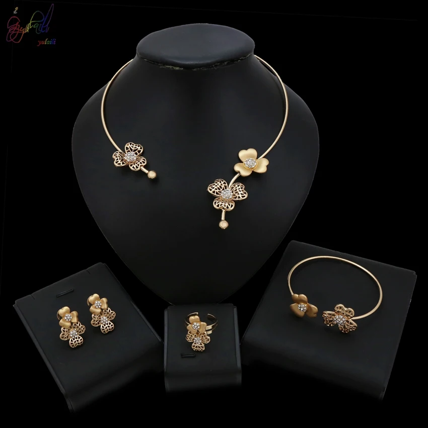 Yulaili золотой цвет яркий цветок чокер с подвеской четыре шт ожерелье браслет, серьги, кольцо ювелирные наборы
