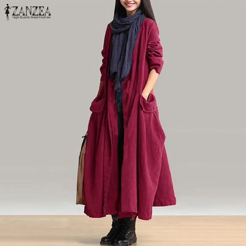 

ZANZEA 2019 Fashion Women Retro Cotton Linen Open Front Cardigan Jacket Outwear Autumn Oversized Loose Casual Long Ladies Coat