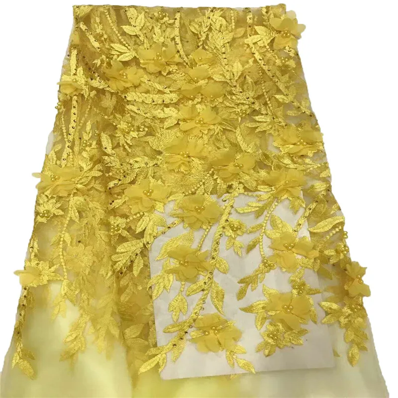 

New Arrival 3d Flower Embroidered African Lace Fabrics With Stones And Beaded Yellow French Net Lace X778-1
