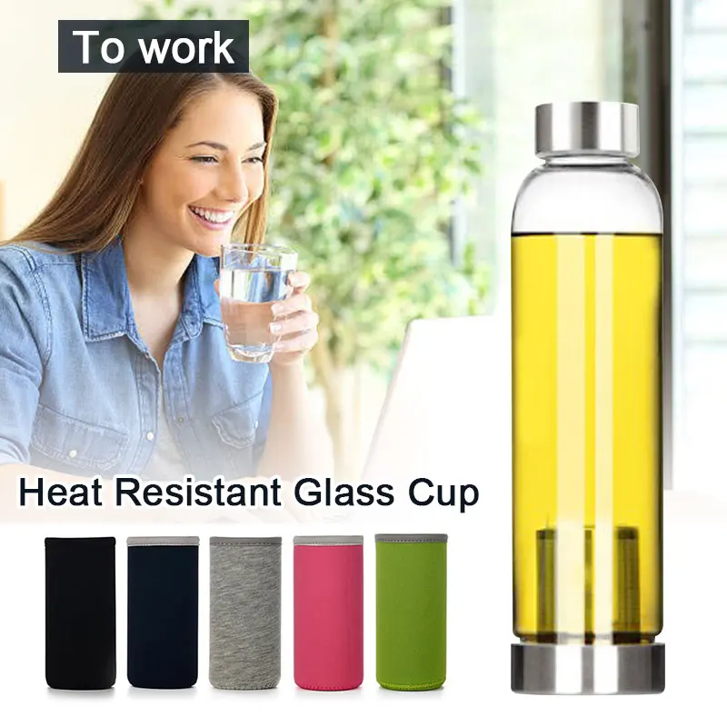 

550ml Water Bottles With Tea Infuser Transparent Glass Bottle With Thermal Insulation Bag Travel Camping Office Drinkware