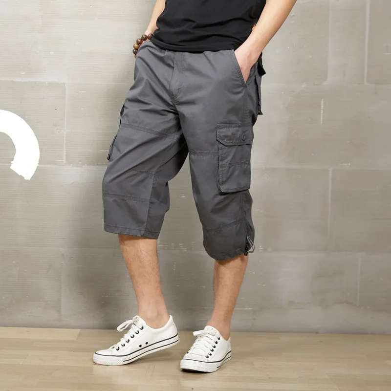 Long Length Cargo Shorts Men Knee Pocket Casual Cotton Elastic Waist ...