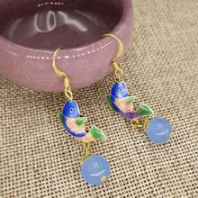 2017 Exotic Beautiful Blue Fishes Earrings Chinese Cloisonne Carps Hanging Light Blue Chalcedony Beads Ethnic Jewelry