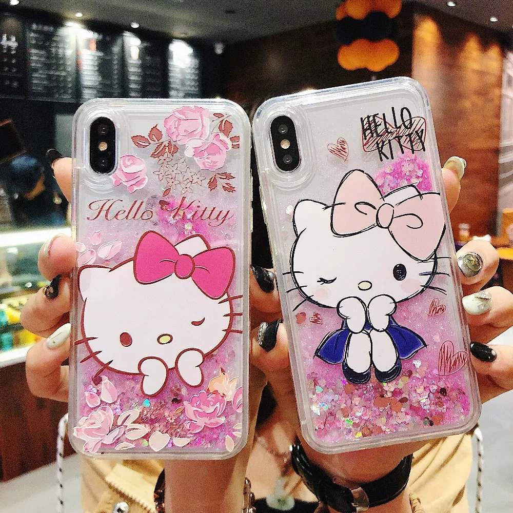 

Starktni Hello Kitty Cute Cartoon Glitter Quicksand Case For iphone X XS MAX XR Hard Cases Cover For iphone 7 8 6 6s Plus Coques