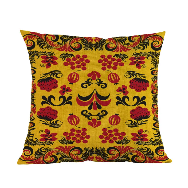 Льняная наволочка для подушки в стиле хохломы с изображением растений в русском стиле, чехол для подушки для дома, дивана, стула